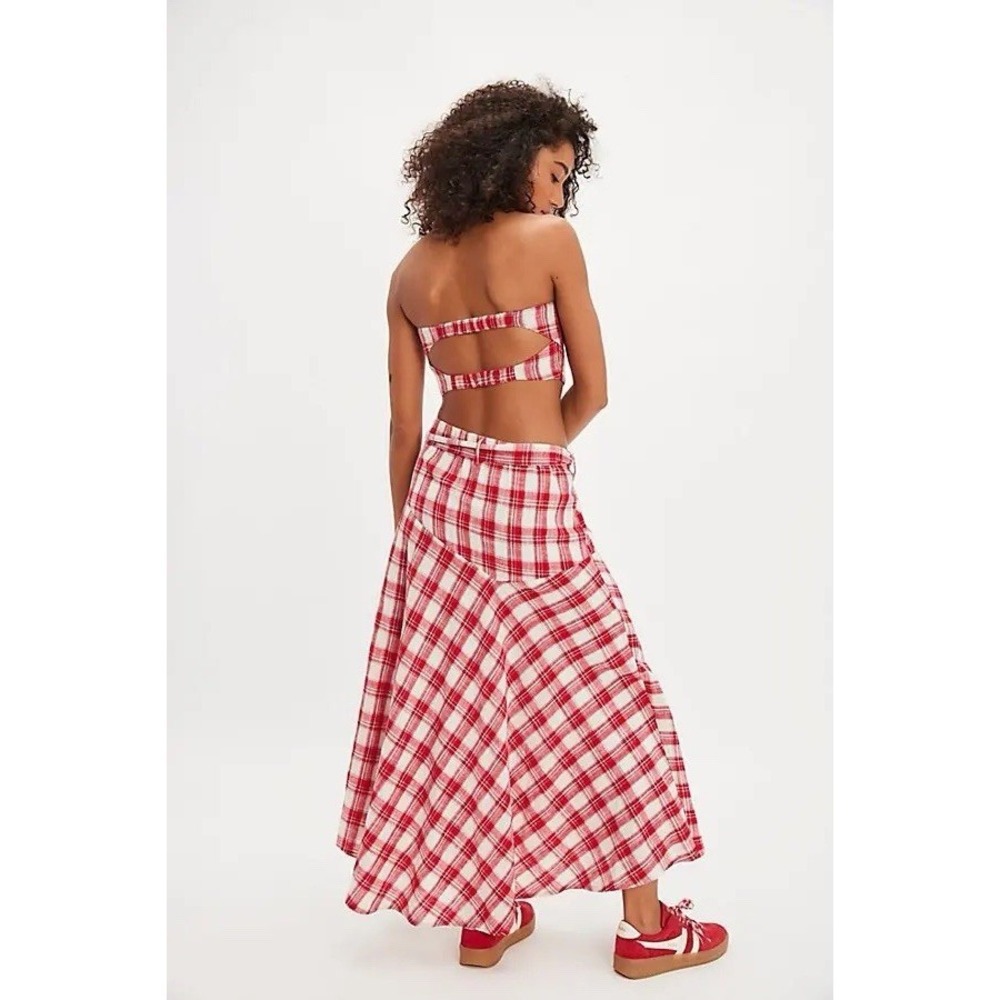 NWT Free People Gingham Plaid Strapless Top High Rise Maxi 2pc Outfit Small/S - Picture 2 of 11